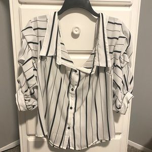 Off the shoulder striped button down blouse